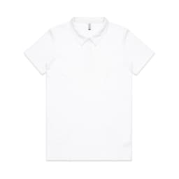 A white polo shirt featuring a classic collar and a logo on the chest area.