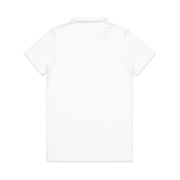 A white polo shirt featuring a collar and a plain back. It includes a logo on the front.