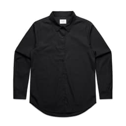 A black button-up shirt with long sleeves, featuring a standard collar and a logo on the label.