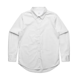 A white button-up shirt with long sleeves and a collar, featuring a branding logo.