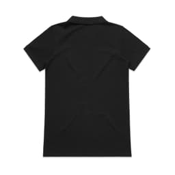 A black polo shirt with a classic collar, featuring a logo on the side.
