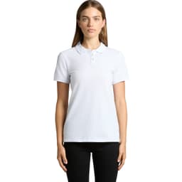 A white polo shirt with a classic collar and short sleeves, featuring a logo.
