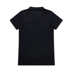 A black polo shirt featuring a collar and short sleeves, with a logo present.