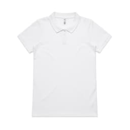 A white polo shirt with a collar and three buttons. It features a logo on the upper left side.