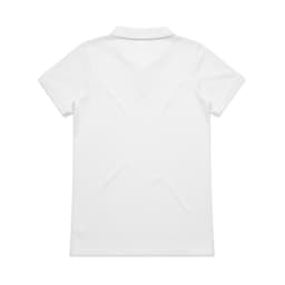 A white polo shirt featuring a classic design and a collar, with a logo on the front.