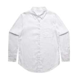A white button-up shirt with long sleeves and a chest pocket, featuring a collar and a branding logo.