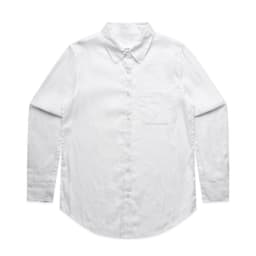 A white button-up shirt with long sleeves and a single chest pocket, featuring a logo.