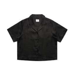 A black short-sleeved button-up shirt with a collar and a front button closure, featuring a logo.