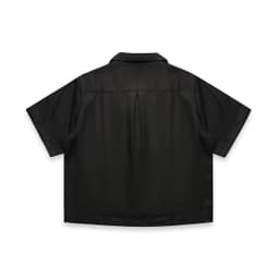 A short-sleeved black button-up shirt featuring a simple design and a minor logo on the back.