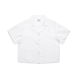 A white short-sleeve button-up shirt made of linen with a collar and a logo.