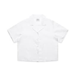 A white button-up short-sleeve shirt featuring a collar and a logo.