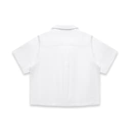 A white button-up short sleeve shirt with a back yoke and a logo.