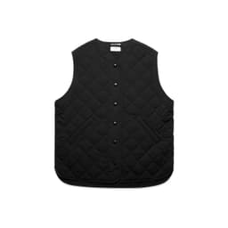 A black quilted vest with a round neckline, button closure, and side pockets. It features a branding logo.