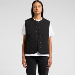 A black quilted vest with a round neckline and button closure, worn over a white t-shirt.