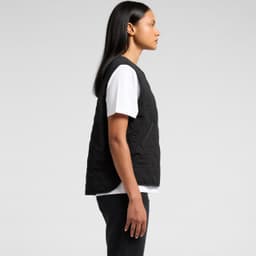A black quilted vest is displayed on a model, featuring a simple design and sleeveless style.