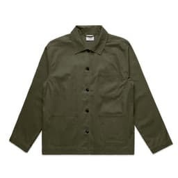 An olive green chore jacket featuring a collared neckline, front pockets, and a button closure. It has a logo.