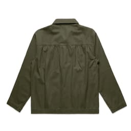 An olive green chore jacket featuring a collared neckline and back pleating. The jacket has a logo.