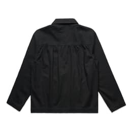 A black chore jacket with a pleated back and a collar, featuring long sleeves and a simple design.