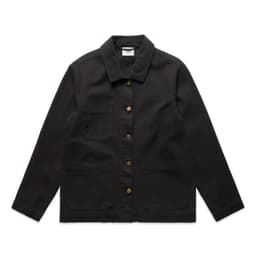 A black canvas chore jacket featuring a collared neckline, front buttons, and multiple pockets. It has a logo on the label.