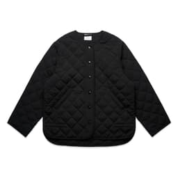 A black quilted jacket featuring a button-up front and side pockets, with a rounded hemline.