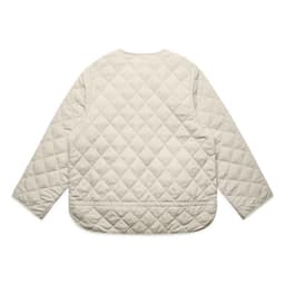 A quilted jacket in a light beige colour with a diamond pattern and a simple, rounded design.