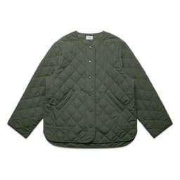 A green quilted jacket with a round neckline, front snap buttons, and side pockets. It has a plain design with branding.