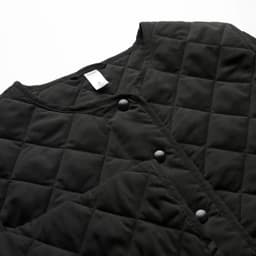 A black quilted jacket featuring a round neckline and button closures, with a textured diamond pattern.