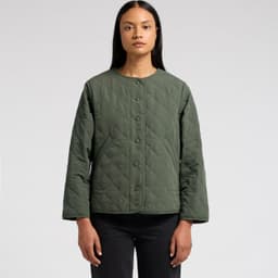 A quilted green jacket featuring a round neckline and button closures, worn by a model.