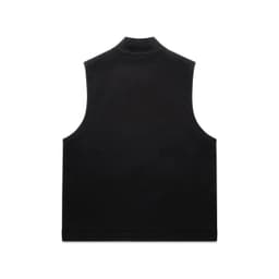 A black heavy vest made from canvas material featuring a high collar and no sleeves. It has a logo on the back.