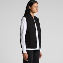 A woman models a black heavy vest with a zip front, featuring two front pockets, against a plain background.