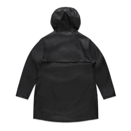 A rain jacket in black with a hood and a rear flap, featuring a logo on the back.