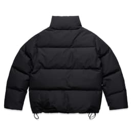 A black puffer jacket featuring a high collar and a drawstring hem, with a logo on the back.