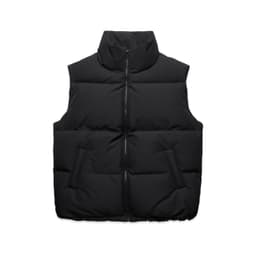 A black puffer vest with a high collar, featuring a front zipper and two side pockets.
