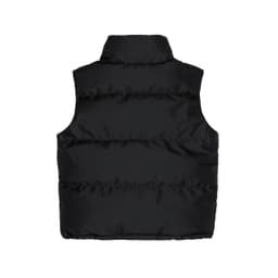 A black puffer vest with a high collar, featuring a quilted design and an unseen logo on the back.