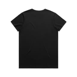 A black t-shirt with a simple design and a visible logo on the back.