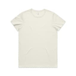 A light cream-coloured t-shirt with a round neckline, featuring a logo on the label.