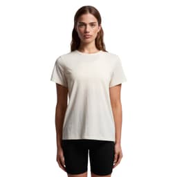 A plain cream t-shirt with short sleeves, featuring a logo on the front, displayed on a model.