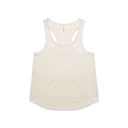 A cream-coloured racerback tank top with a rounded hem and a logo on the label.