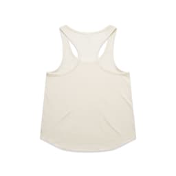 A light cream racerback tank top featuring a rounded hem and a logo tag.