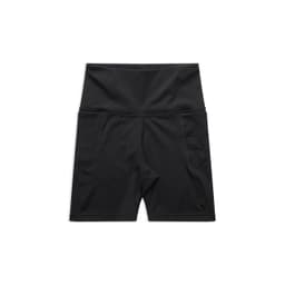 Black active bike shorts with a high waistband and side pockets, featuring a logo.