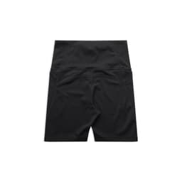 Black active bike shorts with a fitted design, featuring a logo and structured waistline.