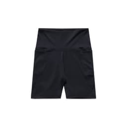 Black active bike shorts featuring a high waistband and pockets, with a logo present on the garment.