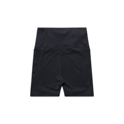Black active bike shorts with a high waistband and two back pockets. Features a logo.