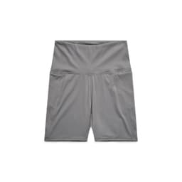 Active bike shorts in a smooth grey fabric, featuring two side pockets and a wide waistband, with a logo displayed.