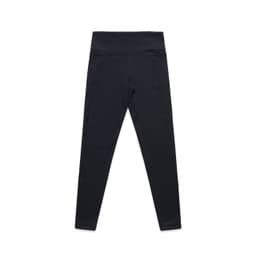 Black active leggings with a high waistband, featuring pockets on the front and a logo at the waistband.