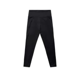 Black mid-length leggings with a smooth waistband and an unseen logo. Perfect for active wear.