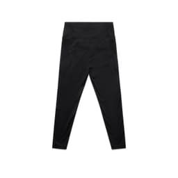 Black mid-rise leggings featuring a wide waistband and sleek design. Includes a logo on the waistband.