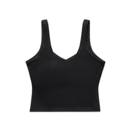 A black active bra tank with wide straps and a V-shaped neckline. The product features a branding logo.