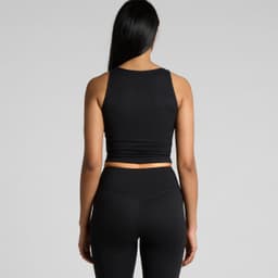 A black active crop tank top displayed from the back, featuring a fitted design and a logo.