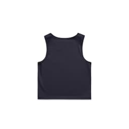 A dark navy crop tank top with a sleeveless design and a plain back. The top features a logo.